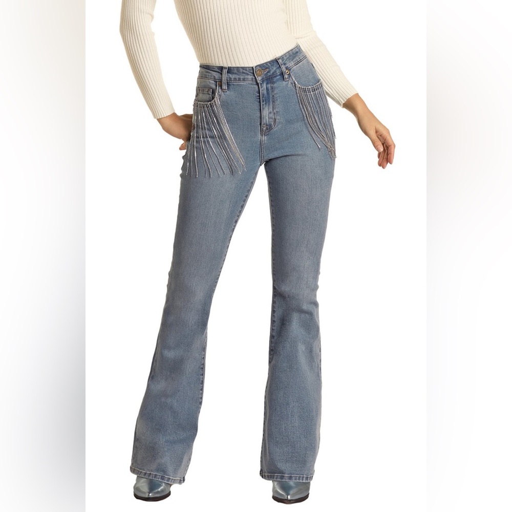 ROCK & ROLL DENIM POCKET FRINGE HIGH RISE FLARE 25 - Picture 1 of 7